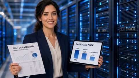 Profesional revisando un panel demo de capacidad en la nube junto a servidores