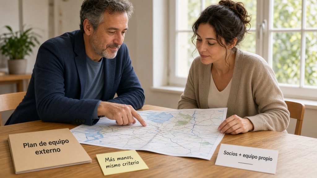 Equipo revisando en papel un plan de socios y equipo propio