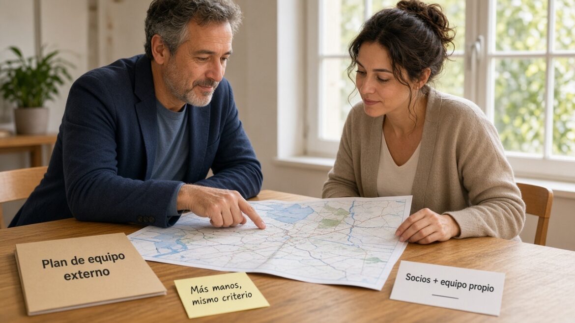 Equipo revisando en papel un plan de socios y equipo propio