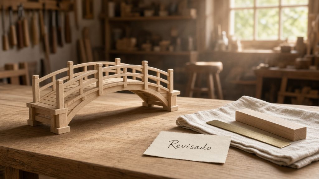 Maqueta de un puente de madera en un taller, junto a una nota que dice Revisado
